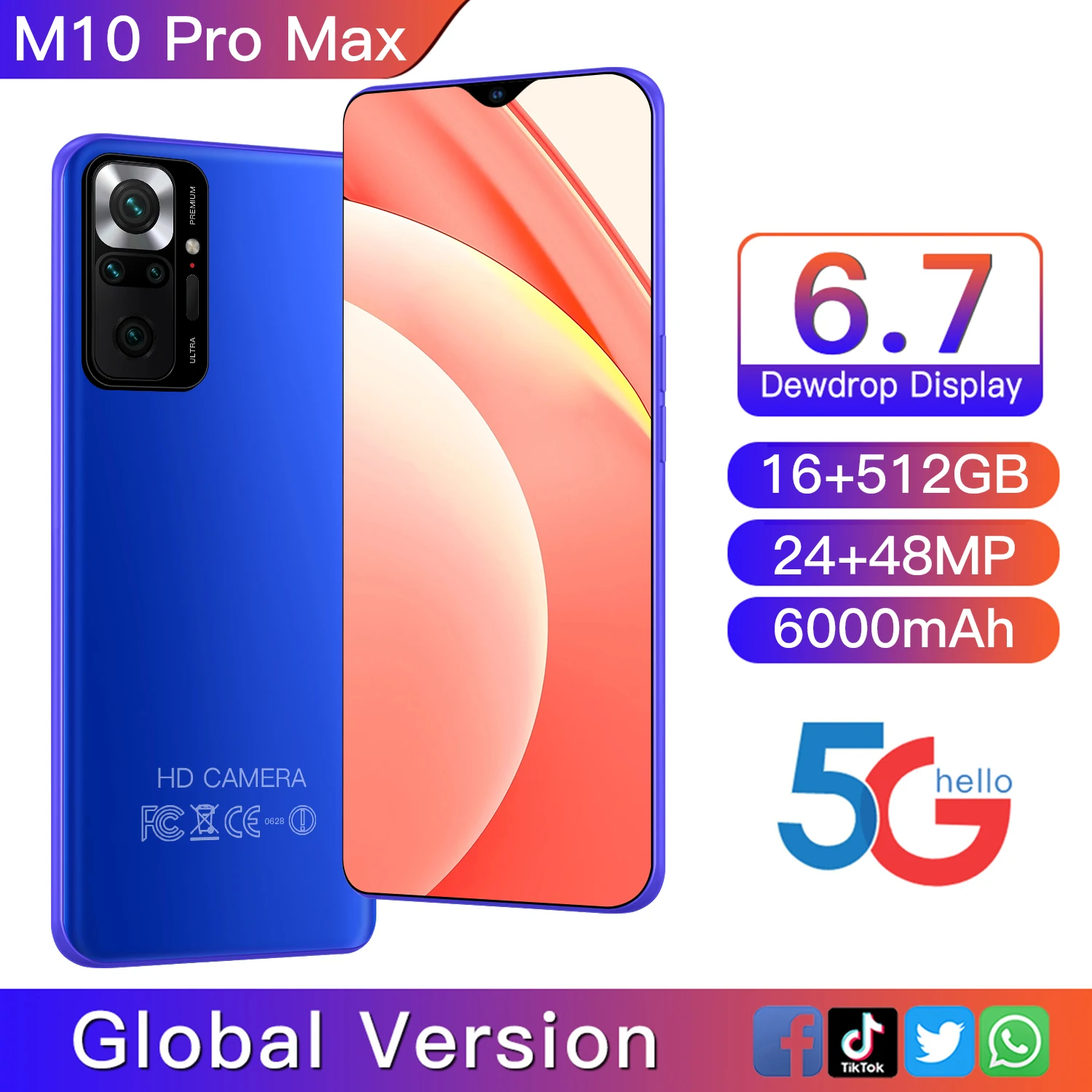 

M10 Pro Max 5G Snapdragon888 New Smartphone 6.7Inch WIFI Dual SIM Mobile Phone 6000mAh Battery 16+512GB Galax SANSUMG Cellphone