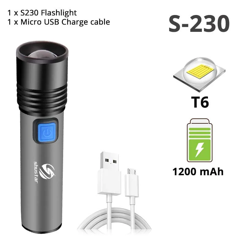 S-230 Flashlight USB Перезаряжаемый светодиодный светильник-вспышка с T6 светодиодный встроенный литиевый аккумулятор 1200 мАч водонепроницаемый кемпинговый светильник масштабируемый фонарь - Испускаемый цвет: S-230 Flashlight