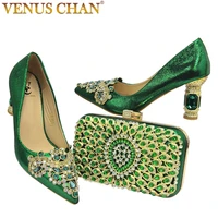 venus chan 2022 newest fashion retro pointed toe embroidered rhinestone high heels party green color women shoes and bag set