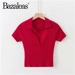 AP2 red 1902 Bazaleas Базовая модная укороченная футболка Повседневная трикотажная Синяя Женская футболка винтажный укороченный топ Женская футболка Прямая - Цвет: AP2 red 1902