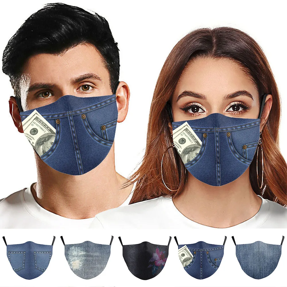

Adult Cosplay Fashion Masks 3D Printing Jeans Face Washcloth Decoration Dustproof Reusable Women Men Cotton Party Mask Outdoor