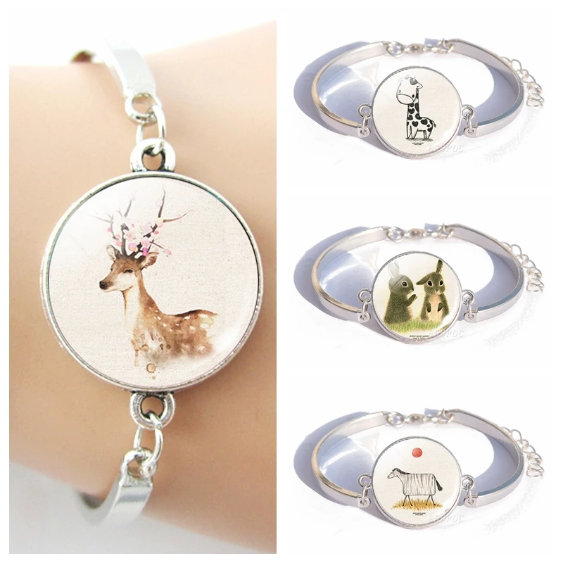 

Cute Animals Bracelet Bangle Rabbit Cat Deer Cow Bird Horse Parrot Silver Color Chain Artistic Simple Gifts For Girls
