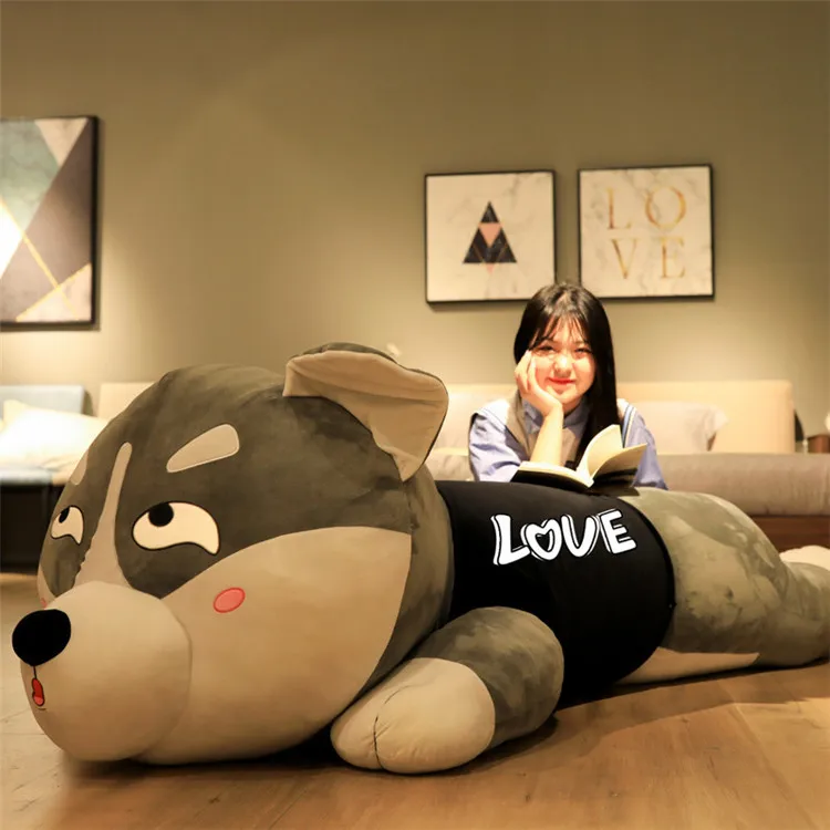 

[Funny] Big size 180cm soft Lying down husky dog doll Stuffed plush toy animal cotton Hold pillow Home Decoration adult Gift