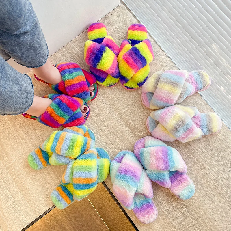 

Cross Fur Slippers Women Autumn Winter Fashion Colorful Plush Flip-flops Home Interior Floor Cotton Slippers Women