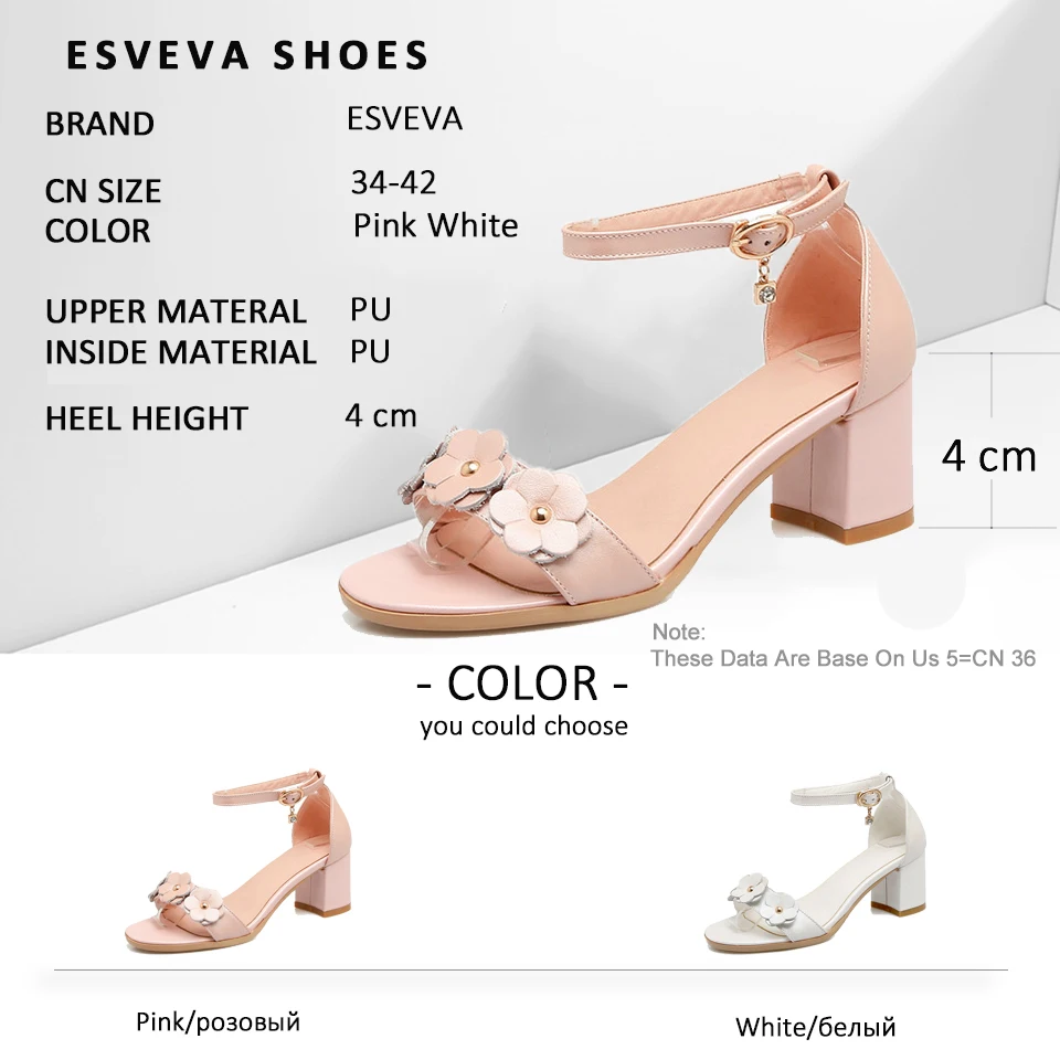 

ESVEVA 2018 Women Sandals Sweet Style Summer Shoes Square High Heels Elegant PU Leather Round Toe Flower Women Shoes Size 34-42