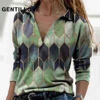 gentillove 2021women spring casual pullover elegant blouse oversized long sleeve v neck geometric printing vintage loose t shirt
