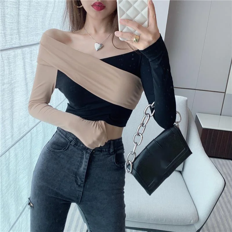 

WOMENGAGA Long Sleeve T-shirt Women Fashion Autumn Spice Girl Slash Neck Slim Short Tops Tees Korean Women Tops Sexy R793