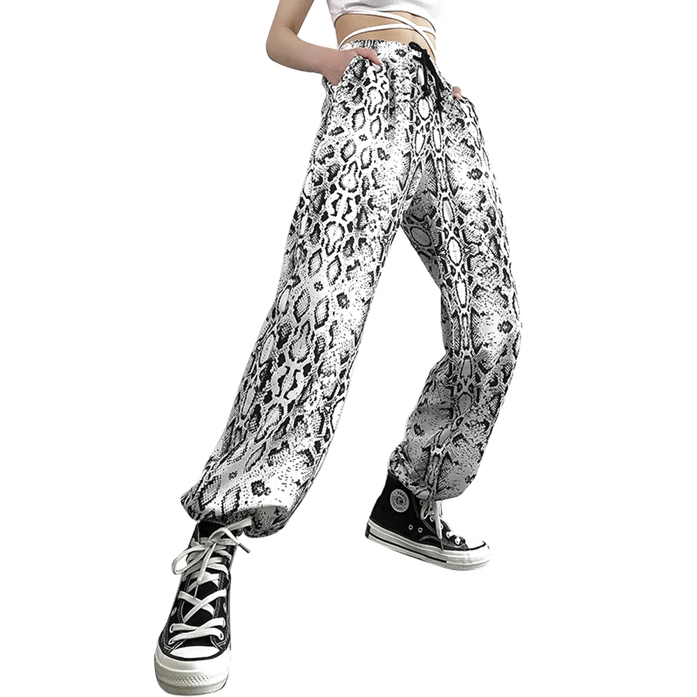 Модные женские брюки с принтом змеиной кожи на завязках высокой талией Свободные