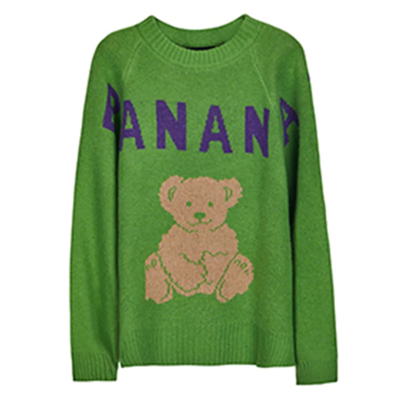 Зеленый серый женский пуловер с милым медведем свитер 2020 милыми мультяшными