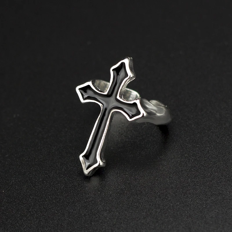 

1PC Vintage Black Big Cross Open Ring For Women Party Jewelry Men Trendy Gothic Metal Color Finger Ring Anillo