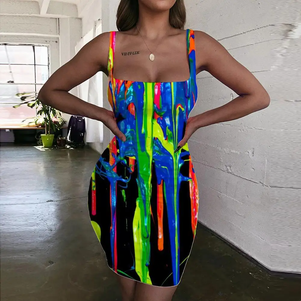 

Giyu Colorful Dress Women Graffiti Vestido Sexy Rainbow Halter Sleeveless Womens Clothing Club New Beach Femme