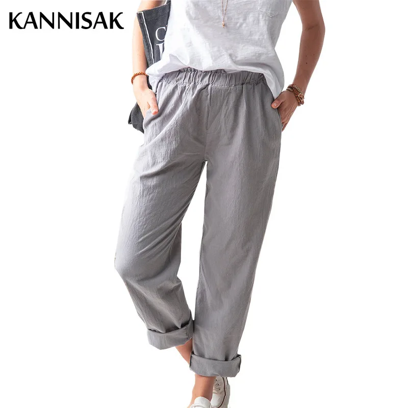 

Pants Women Cotton Linen Casual Spring Summer High Waist Harem Solid Full Length Capris 9 Colors Slim Fit Ladies Trousers