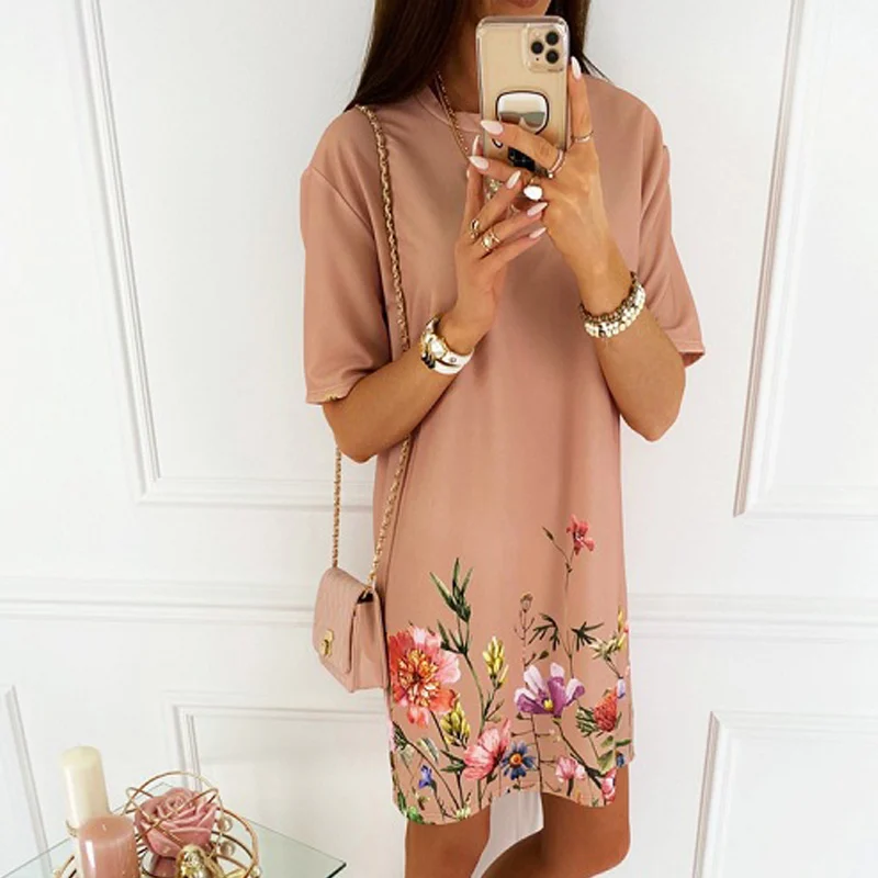 

Floral Print Women's Straight Mini Dress Summer White O-Neck Half Sleeve Female Dresses 2021 Fashion ELegant Casual Lady Clothes