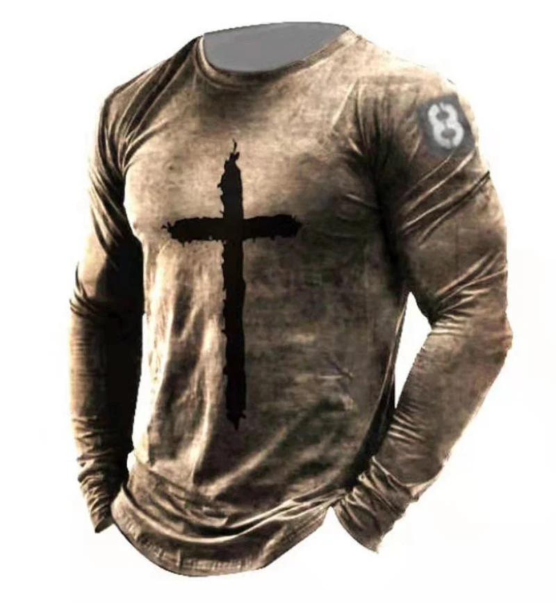 

Retro letter printing long-sleeved T-shirt men's spring and autumn casual tops O-neck men's fashion T-shirt 2021 streetwear