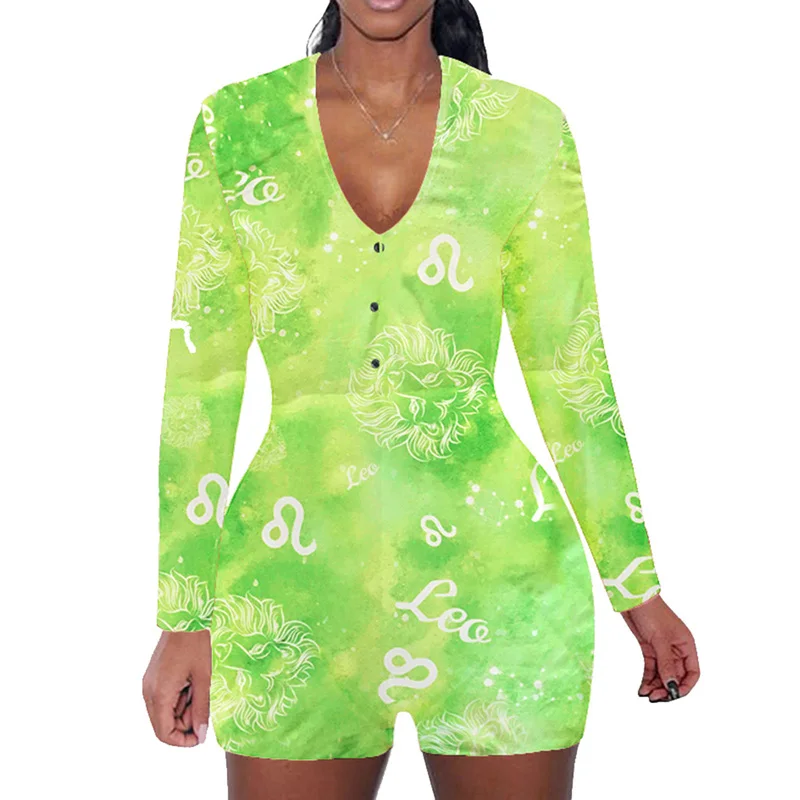 

2020 Jumpsuit Short Pants Long Sleeve Outfits Women's Twelve Zodiac Deep V neck Bodysuits Overalls Pajamas Romper Sexy Bodycon