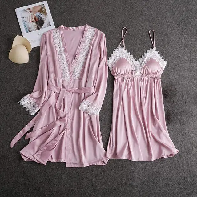 Pink Robe Set Женское сексуальное кружевное кимоно, халат, атласное однотонное платье для свадьбы, невесты, подружек невесты, ночная рубашка, кружевное вискозное Женское ночное белье, пижама - Цвет: Pink Robe Set