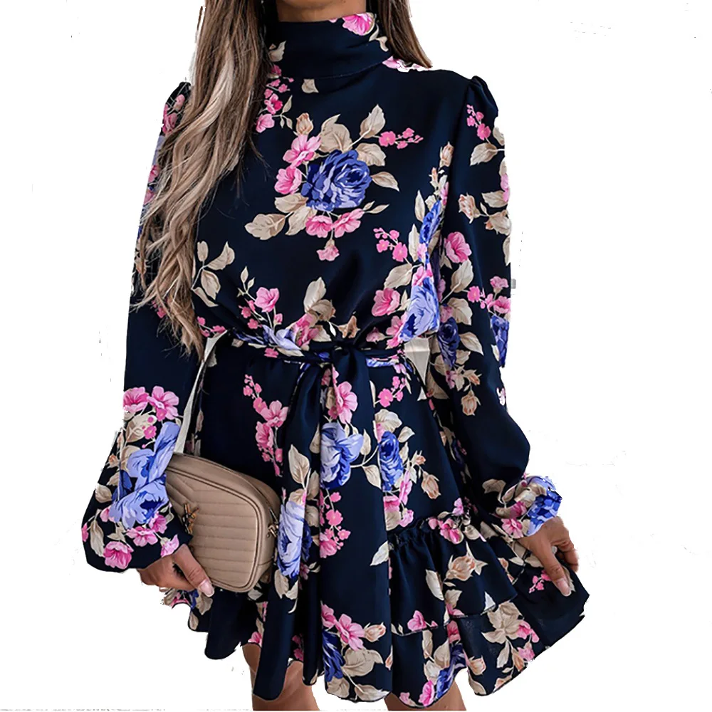 

Floral Print Dresses For Women Loose Style Mini Dress Long Sleeve High Neck Party Dress For Ladies Vintage Dresses Women Elegant
