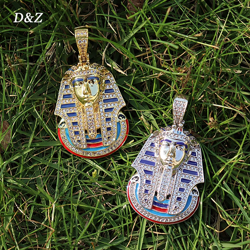 D&Z New Iced Pharaoh Pendant & Necklace Iced Out Cubic Zircon Stones Gold Silver Color Hip Hop Charm Necklace Jewelry Gift
