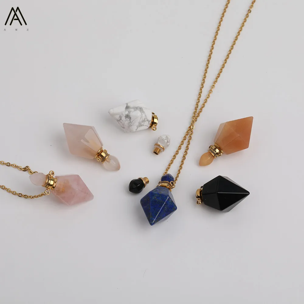 Ограненный ромб белый бирюза Агаты камень карман флаконы духов нержавеющая цепочка ожерелье для женщин ювелирные изделия подарок DSS-190AMBH