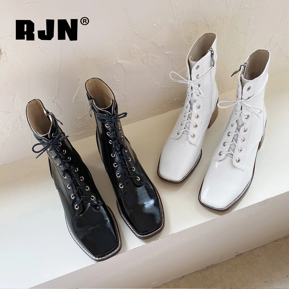 Beli RJN Pergelangan Kaki Santai Sepatu Klasik Square Toe Kualitas Tinggi Kulit Paten Sepatu Mid-Heel Resleting Stylish Untuk Wanita RO263