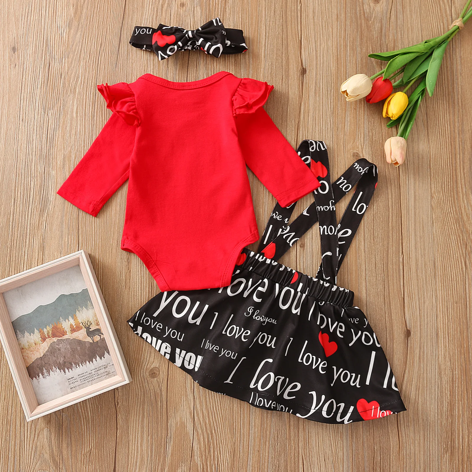 

My First Valentine's Day Girl 0-18M Newborn Baby Girls Clothes Sets 3pcs Letter Print Long Sleeve Tops Strap Dress Headband