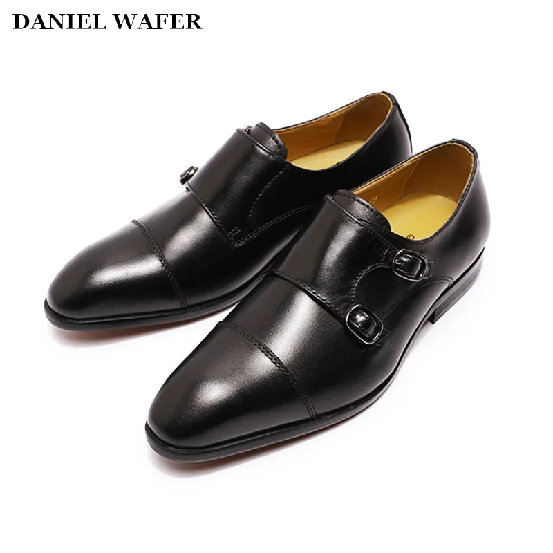 Zapatos de vestir de piel aut&eacute;ntica para ni&ntilde;os, calzado de alta calidad, Punta puntiaguda, correa de monje, fiesta para ni&ntilde;os, boda, escuela, negro y rojo-0