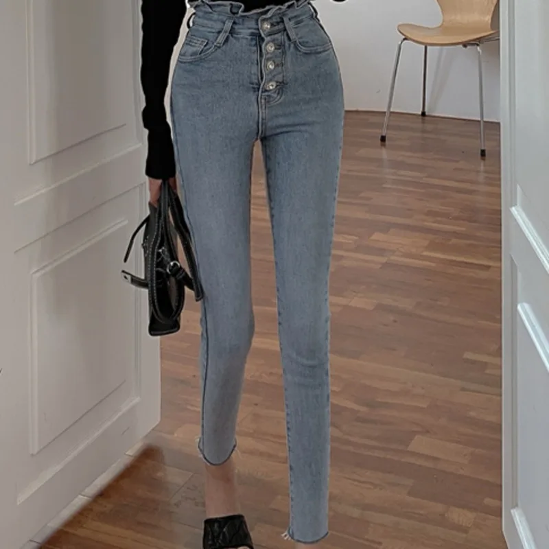 

Осень 2021, джинсы, новый шикарный дизайн, цветочные бутоны с высокой талией, облегающие узкие брюки-карандаш для маленьких ног для женщин