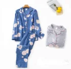 Пижама женская с длинным рукавом, 100% хлопок, бархатная мультяшная одежда для сна с лацканами, повседневный комплект с принтом, комплект из двух предметов, пижама, домашняя одежда