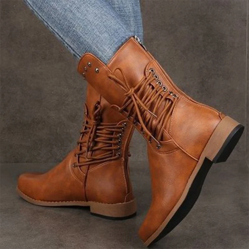 

Woman Mid Calf Boots Women Lace Up Rivet Low Heels Female Zip Footwear Ladies Leather Short Boots Women's Shoes Plus Size 43