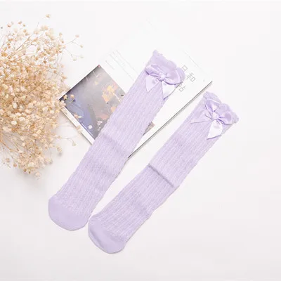 Purple Носки для новорожденных девочек, полосатые летние носки принцессы с бантом, дышащие детские носки до колена, сетка Meias, милые длинные носки - Цвет: Purple