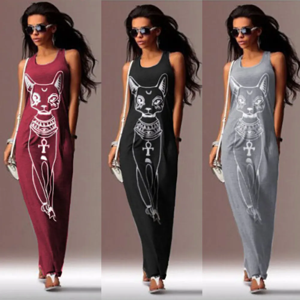 

Summer Tank Sleeveless Dress Cat Animal Print Loose Soild Casual ONeck Maxi Mujer Casual Ankle-Length Plus Size Fashion Clothing