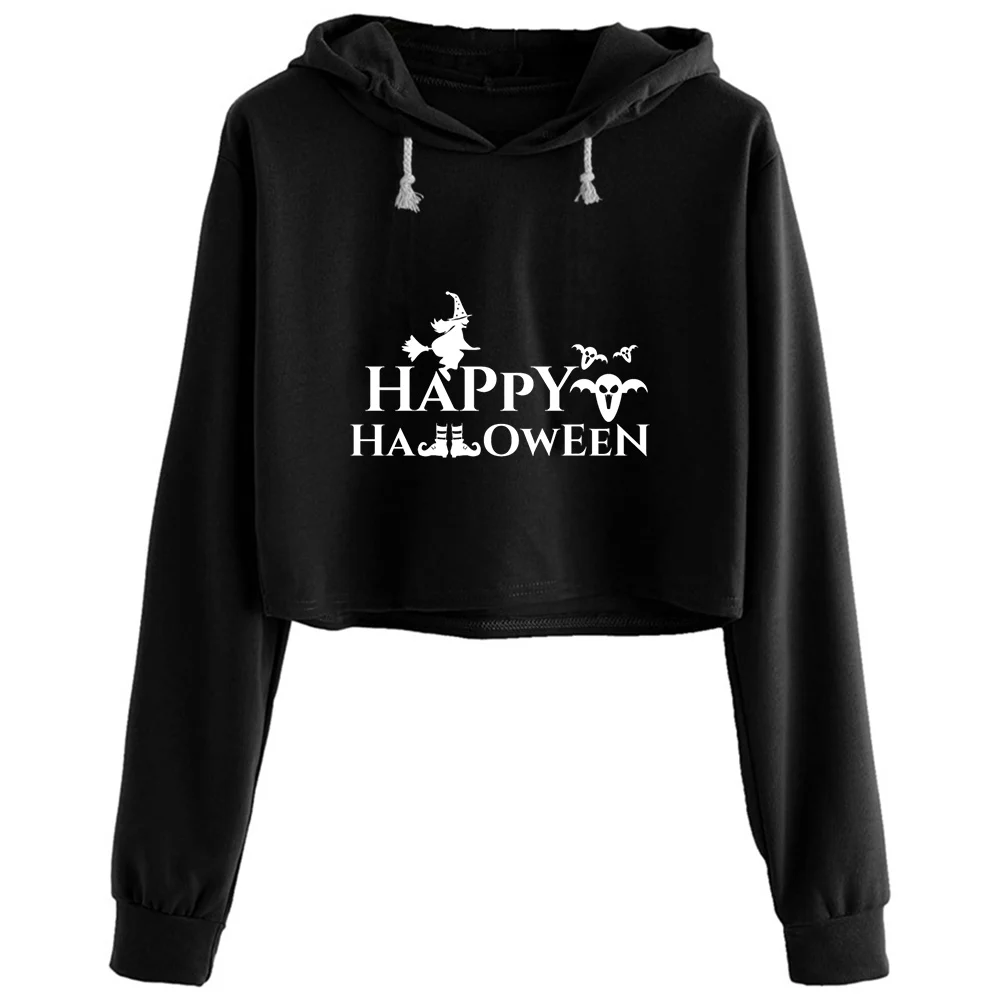 

Happy Halloween Crop Hoodies Women Anime Emo Aesthetic Kpop Pullover For Girls