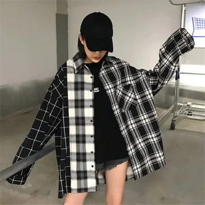 

Oversized Plaid Patchwork Blouses Vintage Streetwear Boyfriend Shirt For Ladies Ulzzang Harajuku Long Sleeve 2021 Blusas Tops