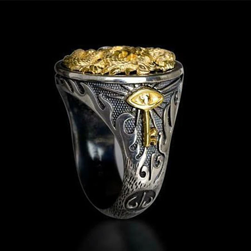 Мужское кольцо с фианитом золотистое и черное в стиле панк хип-хоп | Украшения
