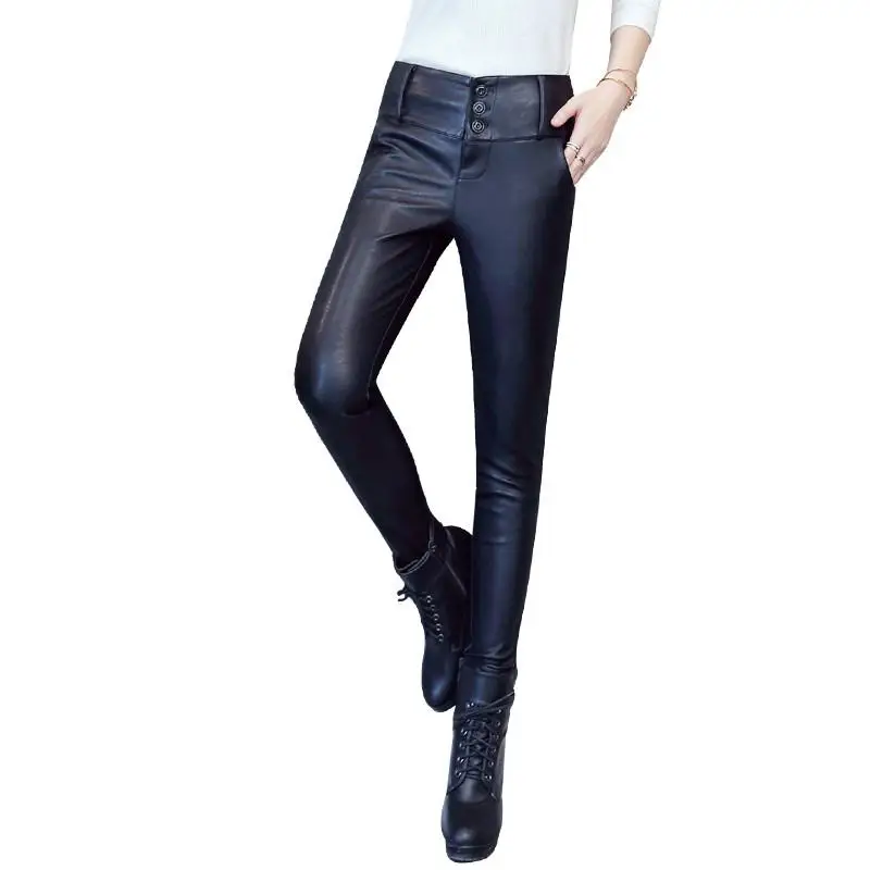 Осень зима 2019 женские брюки из натуральной кожи с бархатной овечьей шерстью и