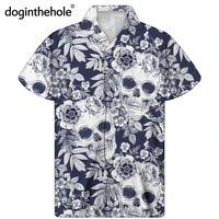 doginthehole skull print short sleeve shirt for men funeral white rose pattern summer beach cuban shirts male casual holiday top