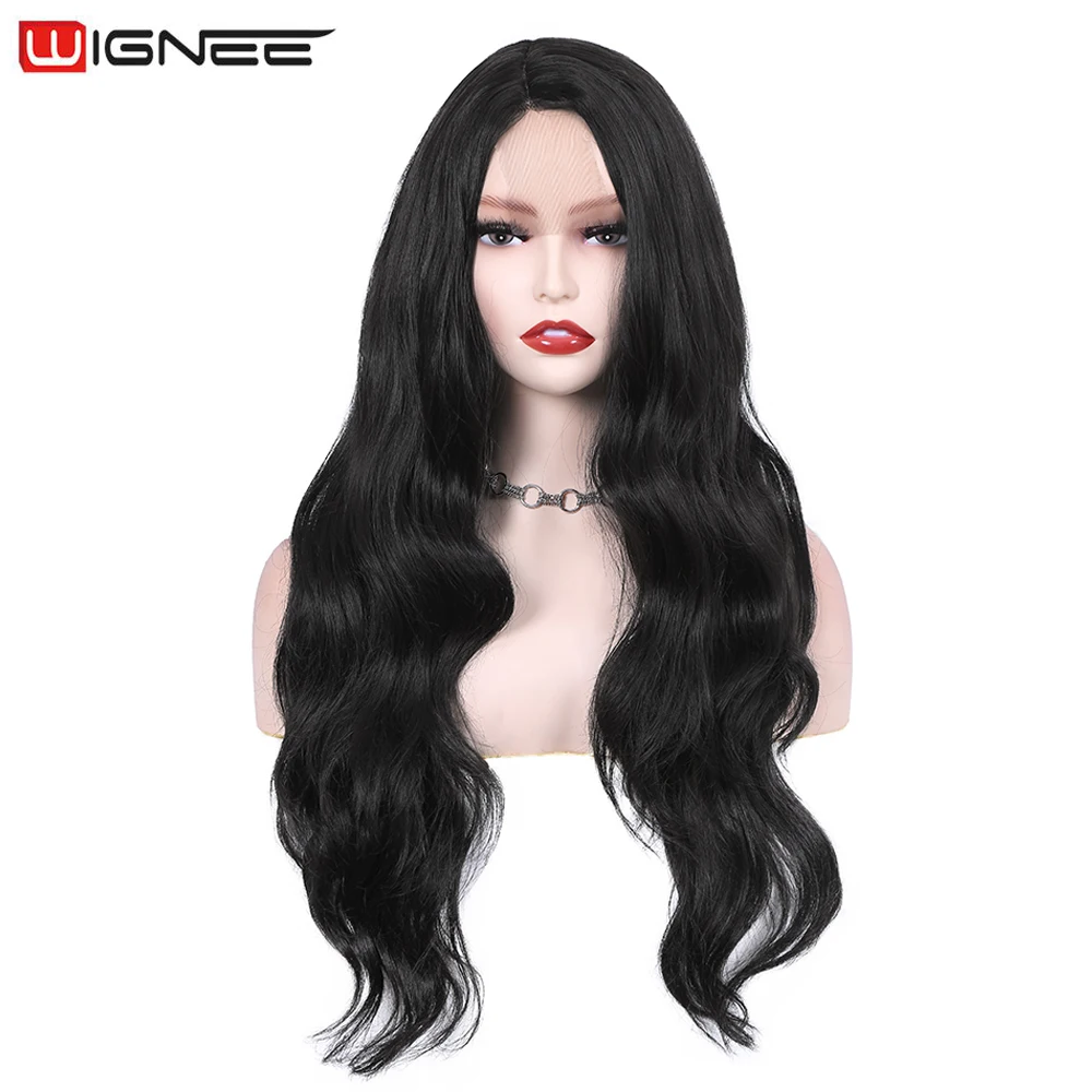 

Wignee Synthetic Lace Wigs For Black Women Long Natural Wave Dark Black Color Side Part Lace Hair Wigs Heat Resistant Cosplay