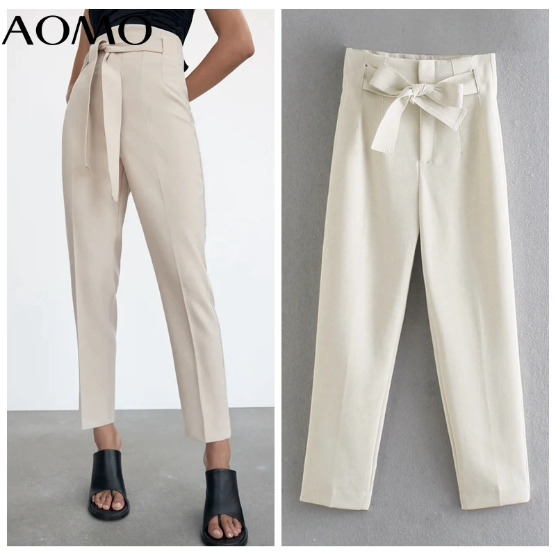 

AOMO 2021 Fashion Women High Waist with Slash Suit Pants Trousers Pockets Office Lady Elegant Pants Pantalon JE215A