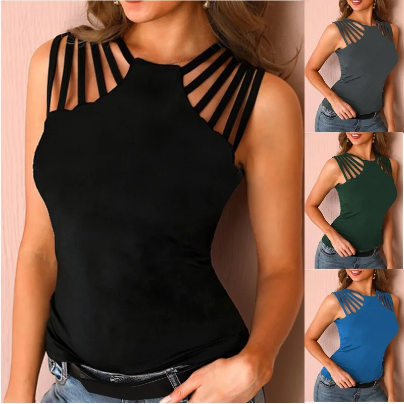 

Tops Fasion Tees Sleeveless Pullover Straps T-Shirt Solid Hollow Out Shirt Tunic Female Women Sleeveless Shirt Blusas Pullover
