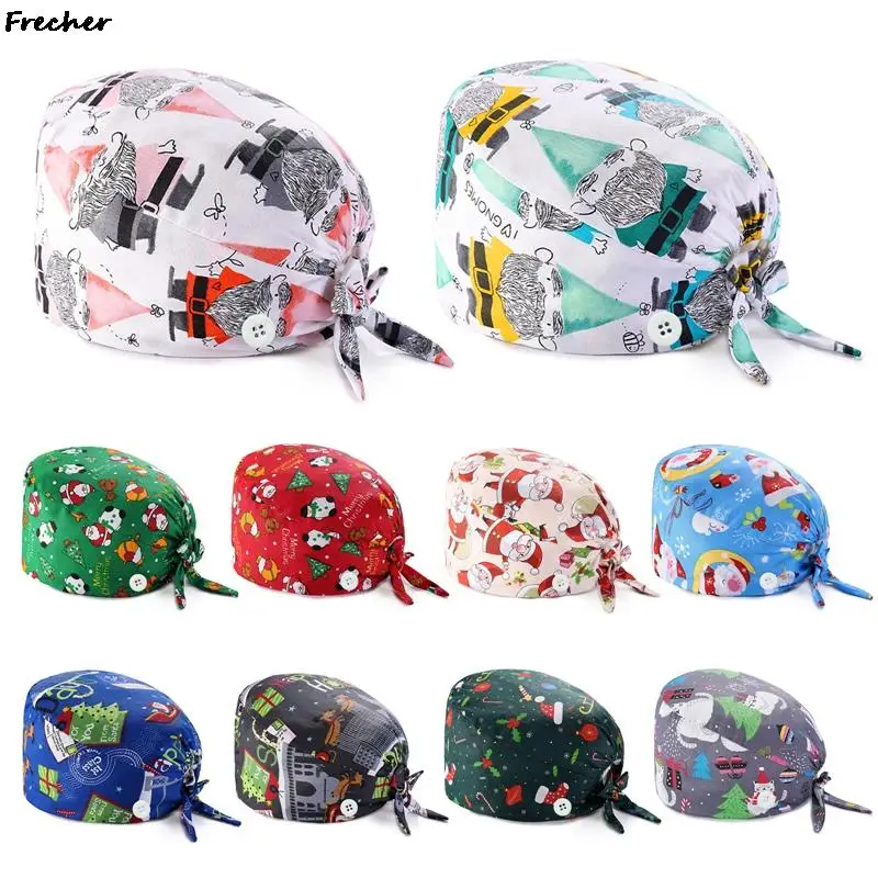 

Women Surgicals Hats Adjustable Cotton Scrub Cap with Buttons Christmas Print Bouffant Hat Head Scarf Scrubs Nursing accessories