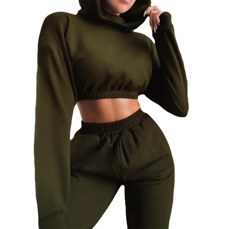 

Causal Streetwear Crop Tops Pullover Long Pants Suit Autumn Winter Female Solid Black Hoodies Trousers Two Piece Set Tracksuit