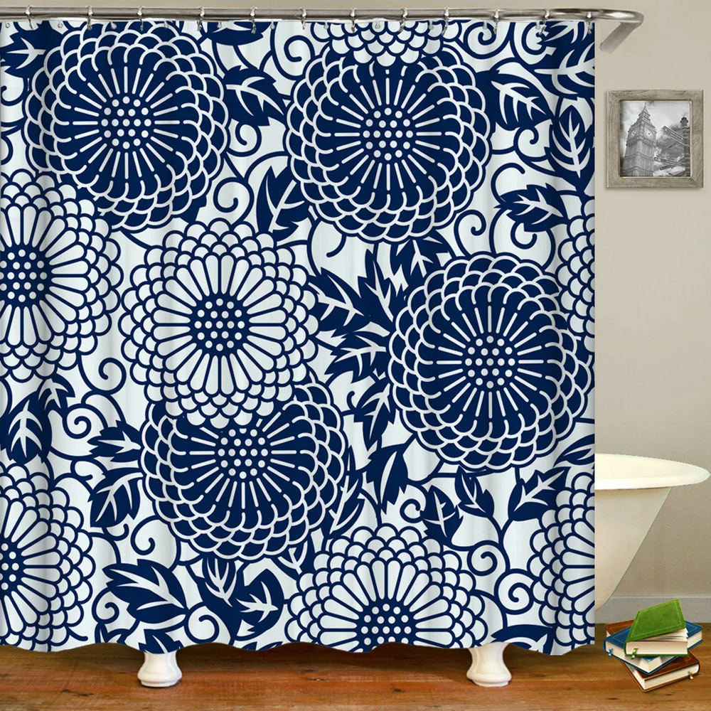 

3d Printing Blue Flowers Shower Curtain Bathroom Waterproof Bath Curtains With Hooks Polyester Cloth Chinese Style Bath Screen
