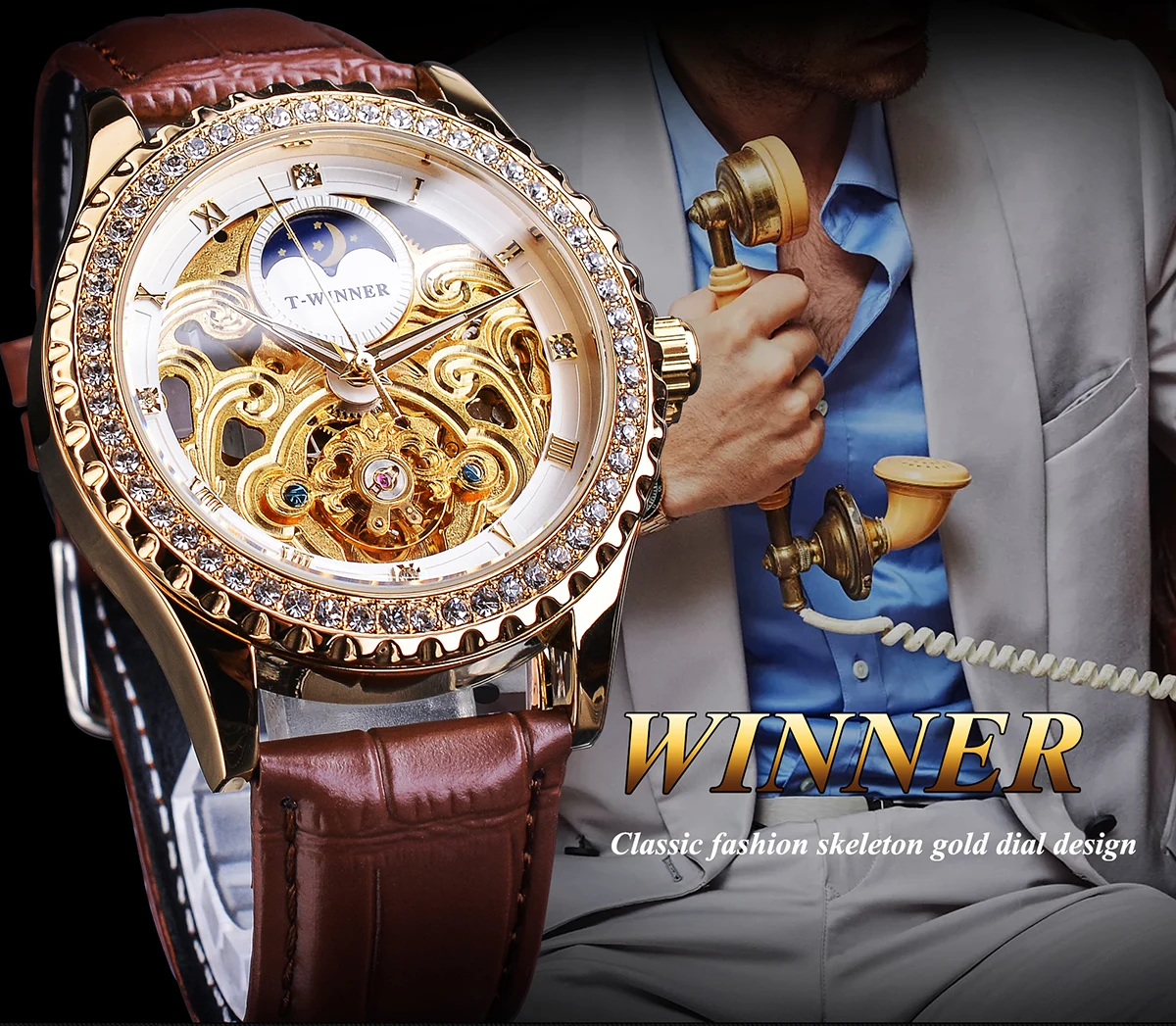 Роскошные мужские наручные часы Winner Tourbillon механические с бриллиантами