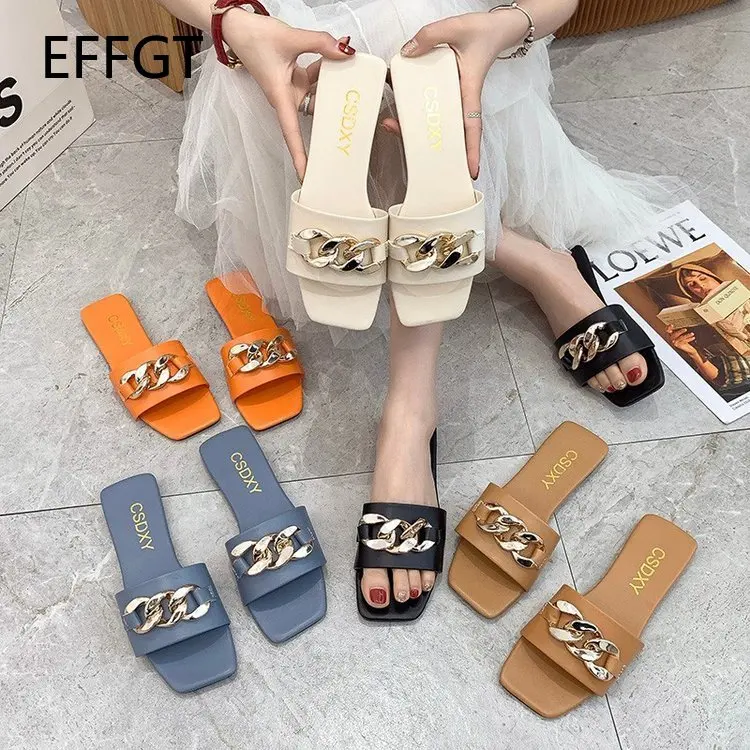 

2021 Women Summer Slipper Square Toe Chain Slippers Slip on Flat Slide Sandals Beach Flip Flops Casual Shoe Ladies Big Size 42
