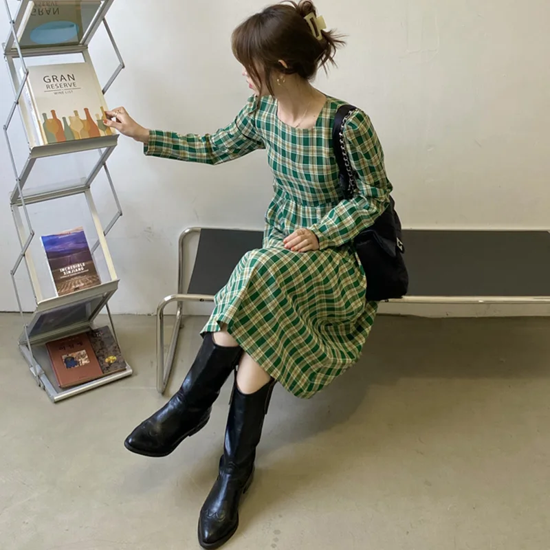 

Korean Style Ins Early Spring Gentle Style Cute Youth-Looking White Green Plaid Waist-Controlled Lace-up Slimming Long Dress