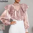 Модная атласная блузка VONDA 2022, осенние женские повседневные топы с длинными рукавами-фонариками и оборками, однотонная туника, рубашки, элегантные блузы для вечерние