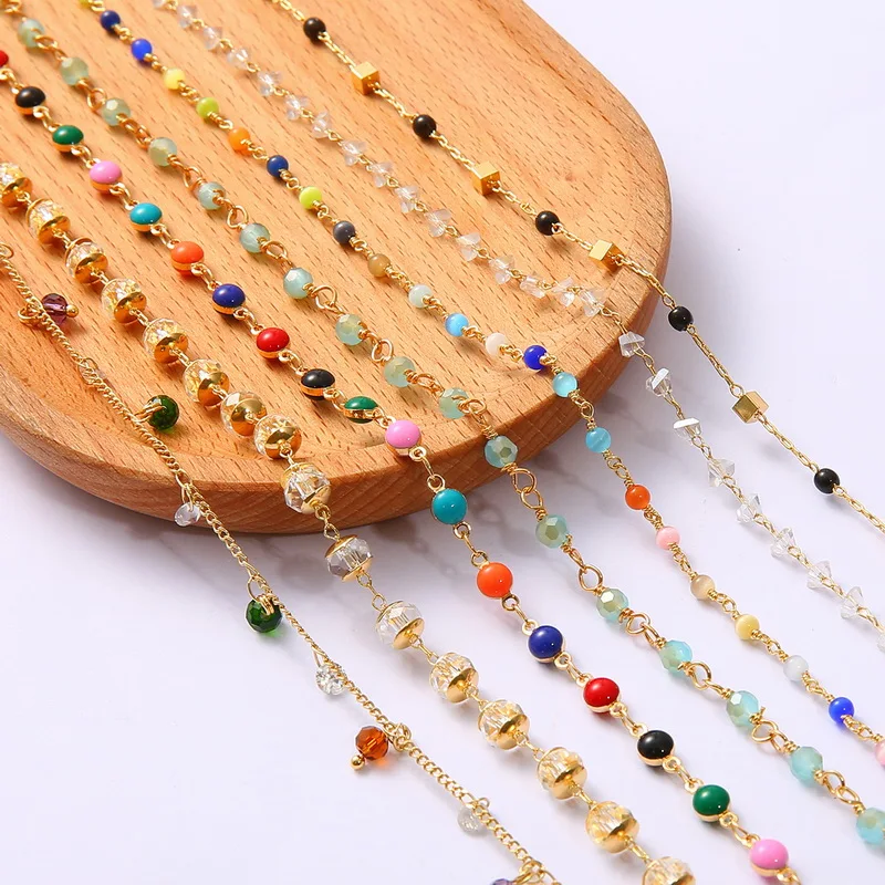 

50CM 18K Gold Plated Chain Mix Color Cylinder Round Stone Beads for Jewelry Making DIY Handmade Necklaces Ankles Accessories