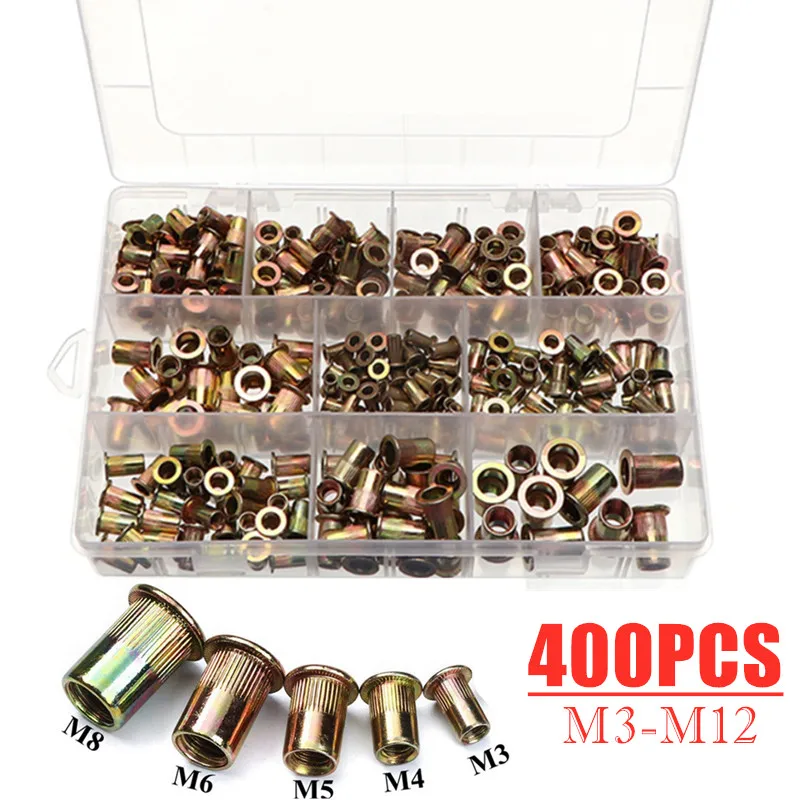 400 шт Ассорти углеродистая сталь заклепки гайки Углеродистая M3 M4 M5 M6 M8 плоская