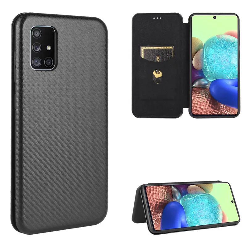Для Samsung Galaxy M51 углеродного волокна брендированный флип-чехол из кожи для