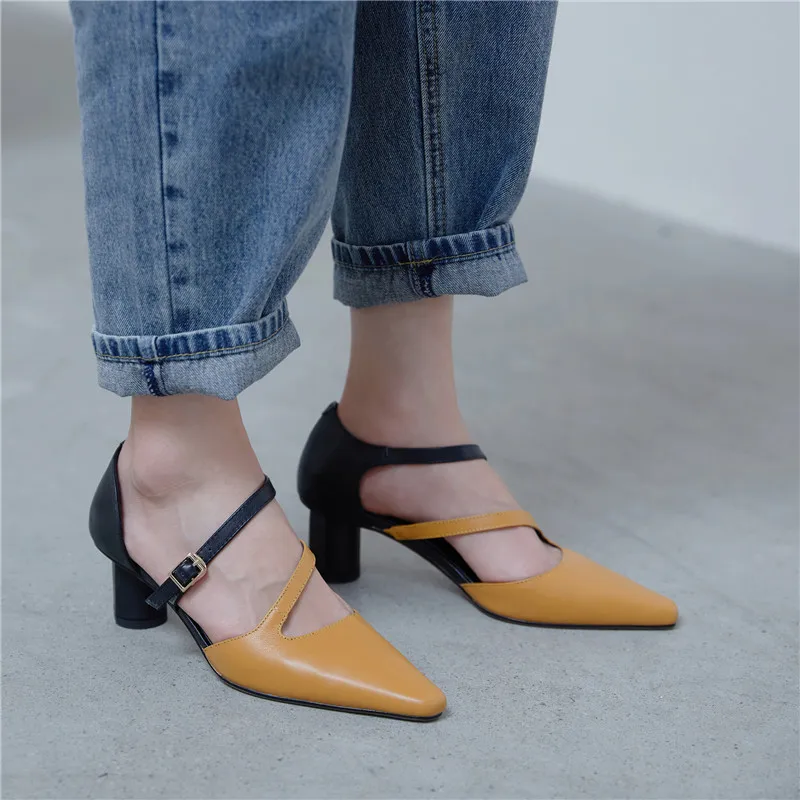 

MoonMeek 2020 Genuine leather shoes thick heels pointed toe women pumps fashion mixed colors summer buckle ladies shoes